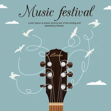 Guitar neck with strings turn into white birds in blue sky. Music festival flyer Stock Illustration
