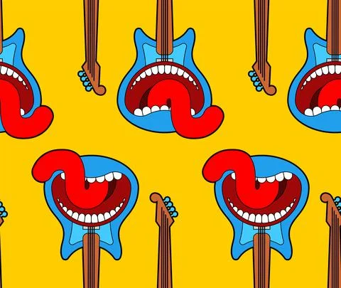 Guitar open mouth pattern seamless. Rock and roll symbol background. vector t Stock Illustration