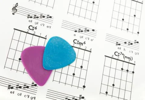Guitar picks on a chords chart Stock Photos
