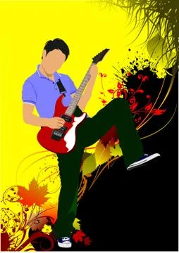 Guitar player on the autumn background. Vector illustration Stock Illustration