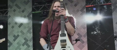 Guitar Player Performs on Stage with Light Effects Slow Motion HDR Stock Footage 222921915