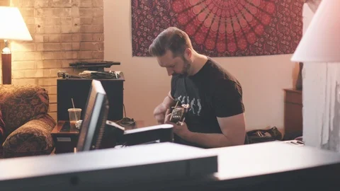 Guitar Player Recording in Studio Move Left Stock Footage 89541136