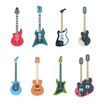 Guitar set. Flat electric and acoustic string music instruments of different Stock Illustration