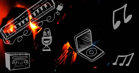 Guitar surface reacting to pulsing orange flare, revealing strings and music Stock Footage 330646731
