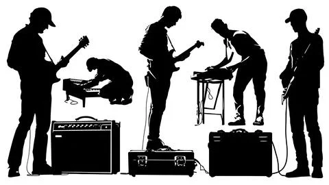 Guitar Tech and Roadie Backstage Crew Silhouette Collection Stock Illustration