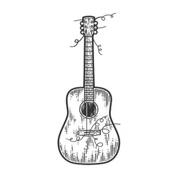 Guitar with torn strings. Sketch scratch board imitation. Engraving vector Stock Illustration