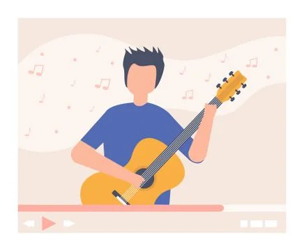 Guitar video tutorial, musical blogger online vector illustration. Playing 스톡 일러스트