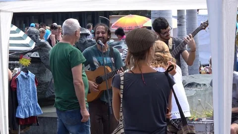 Guitarist playing at the Mercado Municipal de Nuestra Senora de Africa in Santa Stock Footage