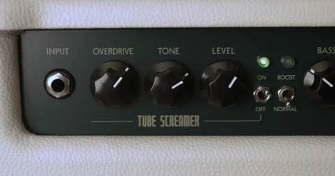 Guitarist Powering On And Adjusting Knobs On Tube Amp. Dolly Shot. 스톡 동영상 114641210