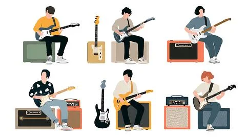 Guitarist Sitting on Amplifier While Playing Silhouette Set Stock Illustration