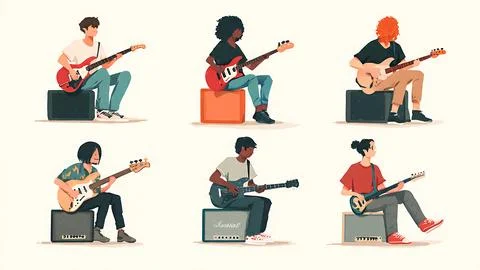 Guitarist Sitting on Amplifier While Playing Silhouette Set Stock Illustration