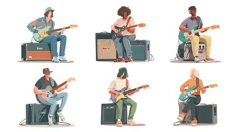 Guitarist Sitting on Amplifier While Playing Silhouette Set Stock Illustration