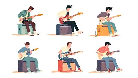 Guitarist Sitting on Amplifier While Playing Silhouette Set Stock Illustration
