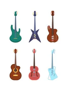 Guitars colored set. String instruments acoustic jumbo dreadnought deck form Stock Illustration
