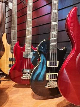 Guitars on Display in Instrument Store Stock Photos