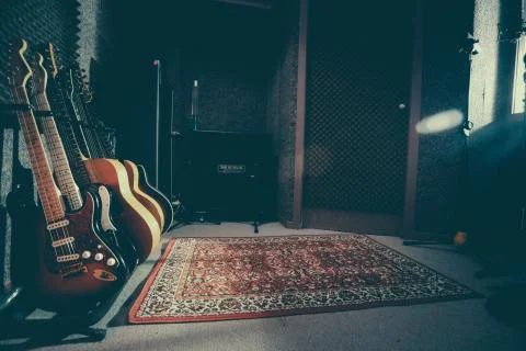 Guitars on rack in Recording Studio Stock Photos