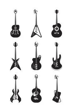 Guitars silhouette set. Acoustic string instruments retro and modern equipment Stockillustratie