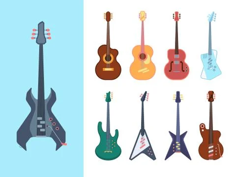 Guitars stylish set. Instruments acoustic for jazz country and heavy metal jumbo Stock Illustration