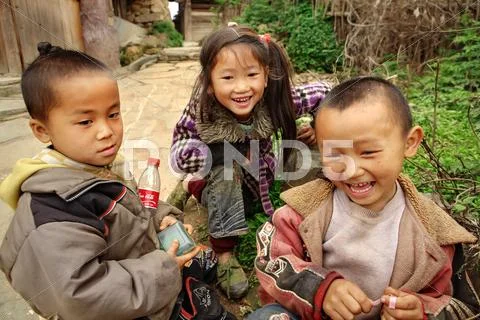 GUIZHOU, CHINA - APRIL 10: Ethnic Minorities in China, Three Chinese children Stock Photos