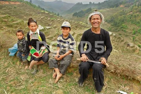 GUIZHOU, CHINA - APRIL 10: Ethnic Minorities in China, Miao black family on t Stock Photos