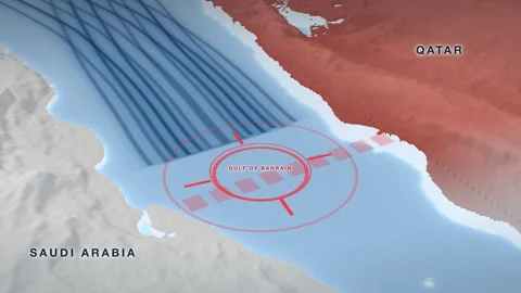 Gulf of Bahrain naval blockade map on a pale 3D terrain relief Vídeos de archivo 344546893