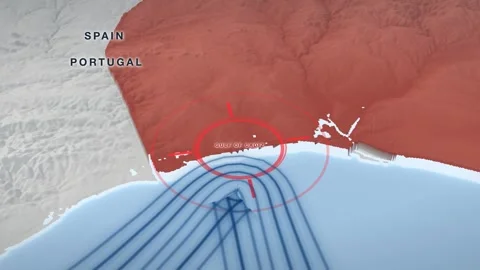 Gulf of Cadiz naval blockade map on a pale 3D terrain relief Stock Footage 344546651