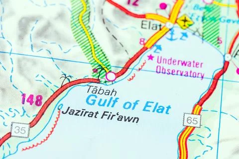 Gulf of Eilat Map Closeup, Eilat Aqaba Red Sea Coastal Region Stock Photos