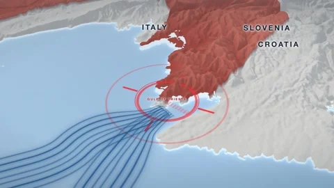Gulf of Trieste naval blockade map on a pale 3D terrain relief Video stock 344546068