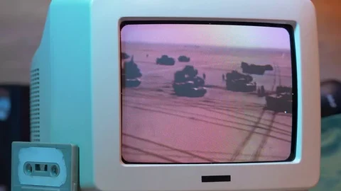 Gulf War Footage on a 80s 90s Retro Television CRT Screen Stock Footage