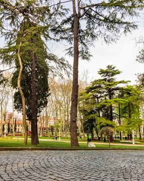 Gulhane Park in spring time, with basalt tiles, and green trees, Sultan Ahmet Stock Photos