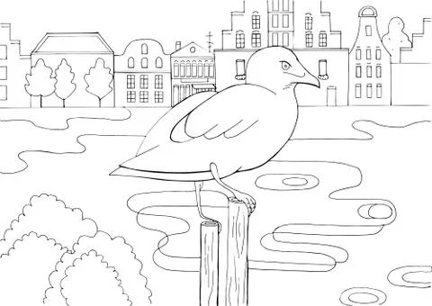 Gull Vector hand drawn landscape ith gull and old city Coloring Stock Illustration