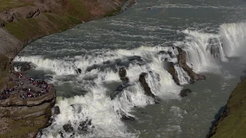 Gullfoss Falls in Iceland, drone zoom view Stock Footage 344548678