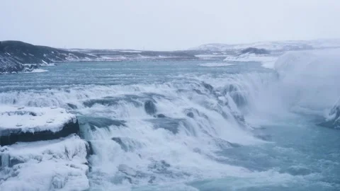Gullfoss Iceland Close View of Rushing Water and Mist Stock Footage 333693484