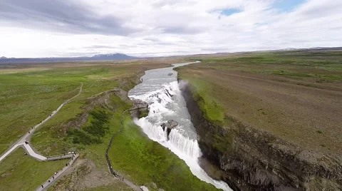 Gullfoss Waterfall aerial view going forward Stock Footage 52421981