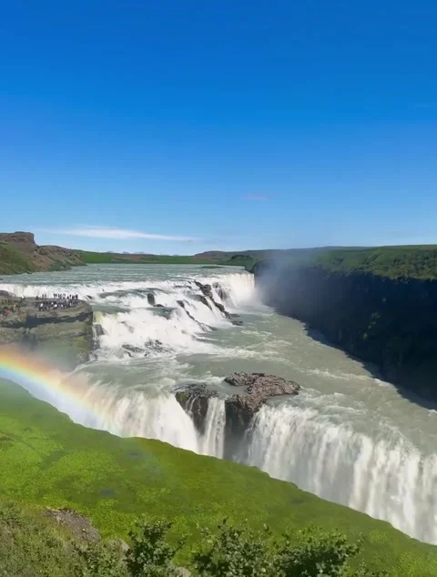 Gullfoss Waterfall and Vibrant Rainbow in Iceland Stock Footage 340868919
