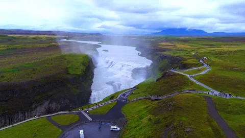 Gullfoss waterfall cascading into a deep Icelandic river gorge Stock Footage 341329286