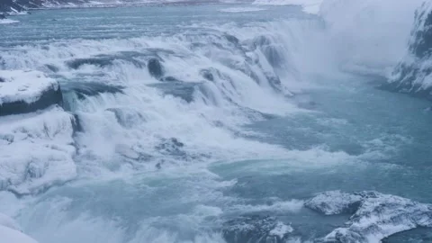 Gullfoss Waterfall Close Up Iceland Powerful Water Flow Detail Stock Footage 333693594