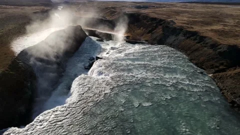 Gullfoss Waterfall // Drone 4K // Pan sideways Stock Footage 142005185