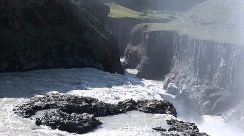 Gullfoss Waterfall Iceland Mist Pan Left Stock Footage 34238356