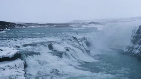 Gullfoss Waterfall Iceland Powerful Flow in Scenic Landscape Stock Footage 333693540