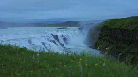 Gullfoss Waterfall Iceland Timelapse with Yellow Flowers Stock Footage 341295569