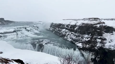 Gullfoss Waterfall Iceland Winter Snowfall Slow Motion Stock Footage 333683325
