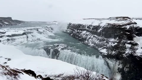 Gullfoss Waterfall Iceland in Winter Snowfall Slow Motion Scene Stock Footage 333693530
