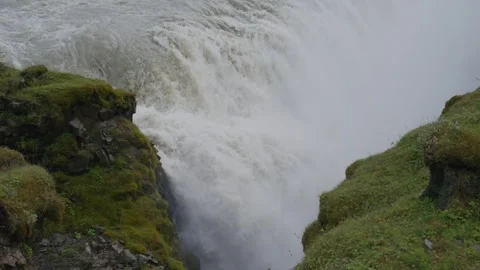 Gullfoss waterfall pouring into the gorge, slow motion Stock Footage 338223984