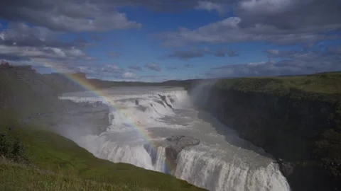 Gullfoss waterfall with rainbow, slow motion, Iceland Stock Footage 338223939