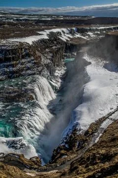 Gullfoss waterfall view and winter Lanscape picture in the winter season Stock Photos