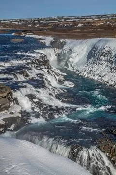 Gullfoss waterfall view and winter Lanscape picture in the winter season Stock Photos