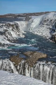 Gullfoss waterfall view and winter Lanscape picture in the winter season Stock Photos