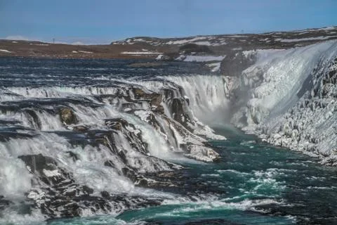 Gullfoss waterfall view and winter Lanscape picture in the winter season Stock Photos