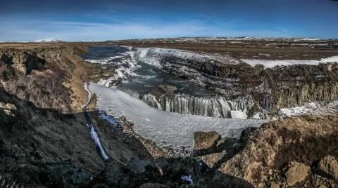 Gullfoss waterfall view and winter Lanscape picture in the winter season Stock Photos